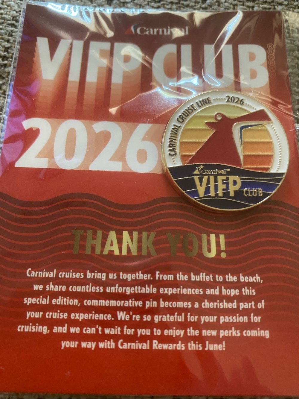 Carnival VIP Club 2026 Red & Gold Commemorative Pin